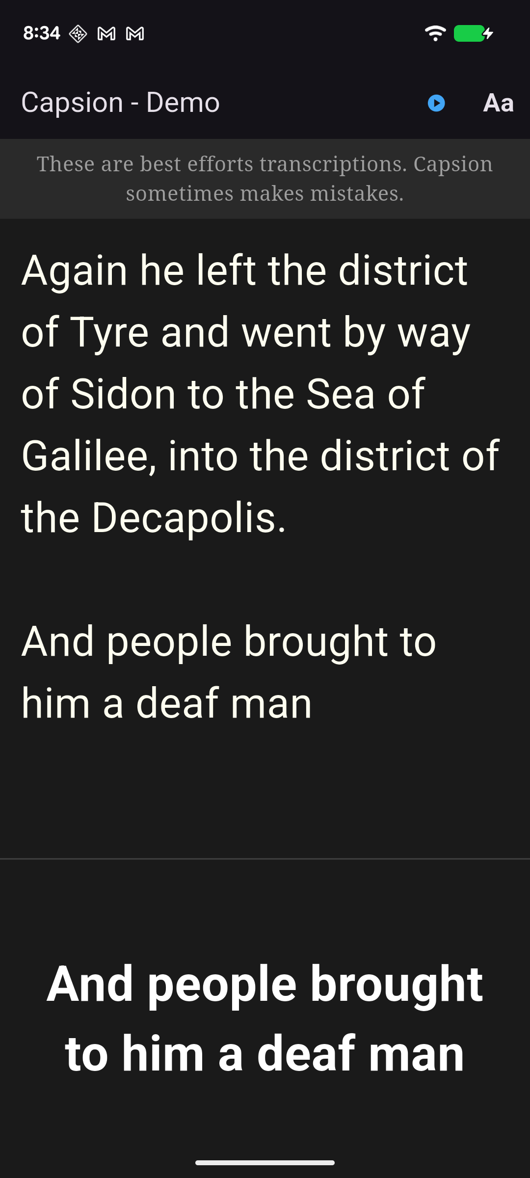Capsion showing live transcription of scripture